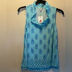 crown & ivy Aqua Paisley Ruffle-Neck Sleeveless Top